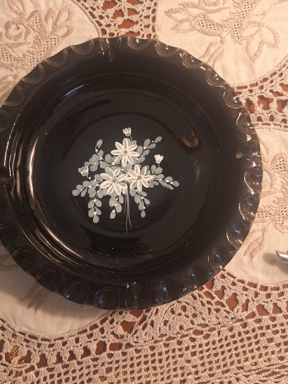 Black Floral Glass Serving Plate with Hand-Painted White Bouquet